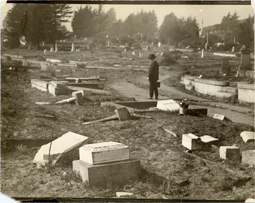 [Overturned gravestones at Laurel Hill Cemetery]