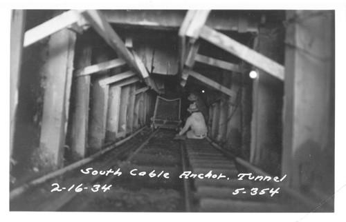 [Workmen working inside south cable anchorage tunnel during San Francisco-Oakland Bay Bridge construction]