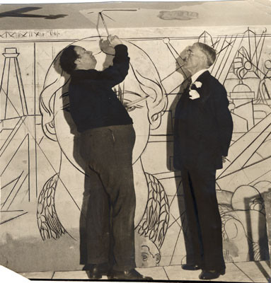 [Mexican artist Diego Rivera at work on the Allegory of California fresco and Ross Ambler Curran]