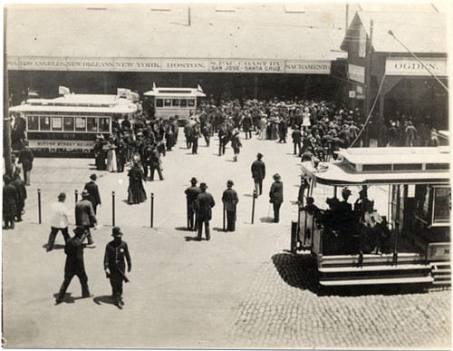 [Crowd of people in front of the Ferry Building]