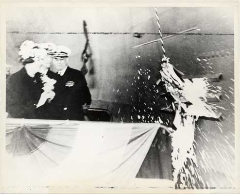 [Mrs. Thomas C. Kinkaid christening the USS Coral Sea (aircraft carrier; CVB-43)]