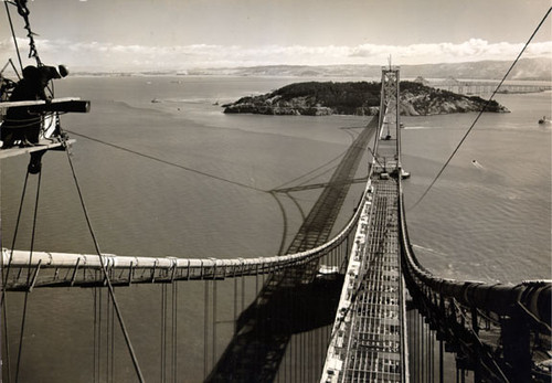 [Aerial view from the tower of the San Francisco-Oakland Bay Bridge during construction ]