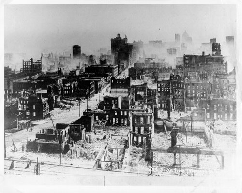 [View of downtown San Francisco in ruins from Telegraph Hill]