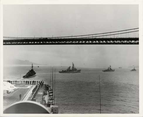 [View from the USS Coral Sea (aircraft carrier; CVB-43) upon arrival in San Francisco Bay with the "Golden Fleet"]