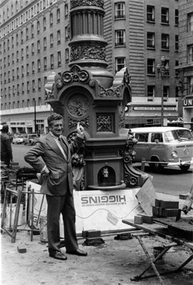 [Bernard Auerbuch standing in front of Lotta's Fountain]