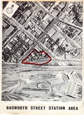 [Aerial view of Glen Park's Southern Freeway Bosworth Street station area with artitsts details]