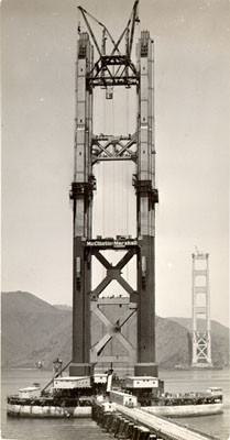 [View of the Golden Gate Bridge while under construction]