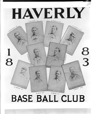 [Publicity photograph of Haverly Base Ball Club featuring J. McDonald, T. McCord, C. Gaggus, P. Cahill, F. Carroll, P. Meegan, R. Lawton, R. Levy, A. Sohr, and G. Pratt]