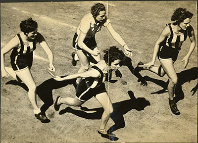 [Women track teams at Kezar Stadium]