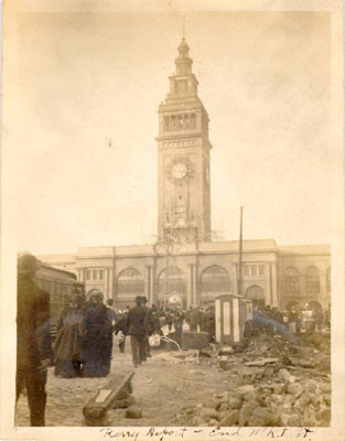 [Groups of people gathered near the Ferry Building after the earthquake of April 18, 1906]