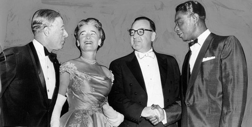 [Governor and Mrs. Edmund Brown with George Jessel and Nat King Cole at inauguration]