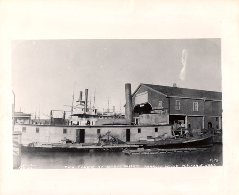 Tug Tiger at Wash St. Wharf, narrow gauge N.P. Coast Road