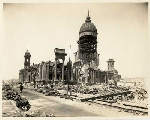 [City Hall in ruins, 1906, from Larkin and Grove Street]