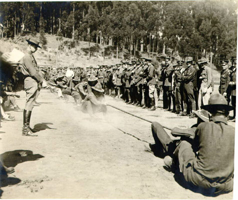 [Soldiers competing in a "tug of war" at the Presidio]