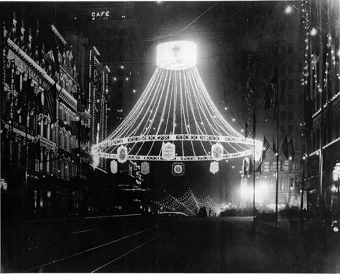 [Knights Templar Nighttime decorations on Market Street]