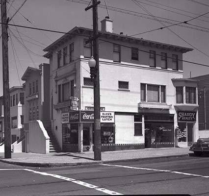 [594 18th Avenue at Balboa Street, Alice's Fountain Lunch, Bob's Barber Shop, Shaddy Realty]