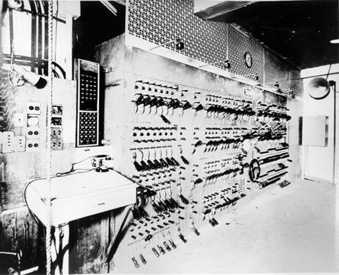 [Westinghouse lighting switchboard at stage right of the Fox theater]