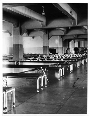 [Interior view of unoccupied Alcatraz Island prison dining hall]