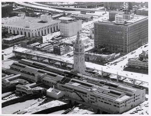 [Aerial view of the Ferry Building]