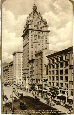 Market Street from Grant Avenue showing Claus Spreckels Bldg., Examiner Bldg., Monadnok Bldg. Palace Hotel