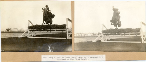 Mrs. Mary E. Cox on "Tick Tock" owned by Lieutenant H. M. Ostroski of the First Cavalry.