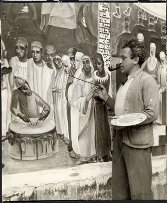 [Artist Bernard Zakheim working on an Ancient Jewish Wedding mural at Jewish Community Center]