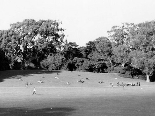 [People relaxing on hillside near "Big Rec" in Golden Gate Park]