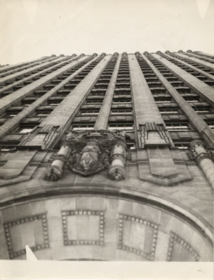 [View looking up the side of the Pacific Telephone & Telegraph Company building from street level]