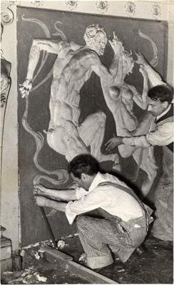 [John Casada and Jos. Farnocchia removing panels from old Hippodrome nightclub]