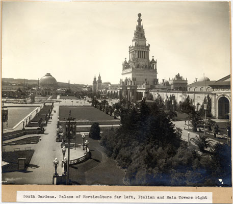 South Gardens. Palace of Horticulture far left, Italian and Main Towers right.