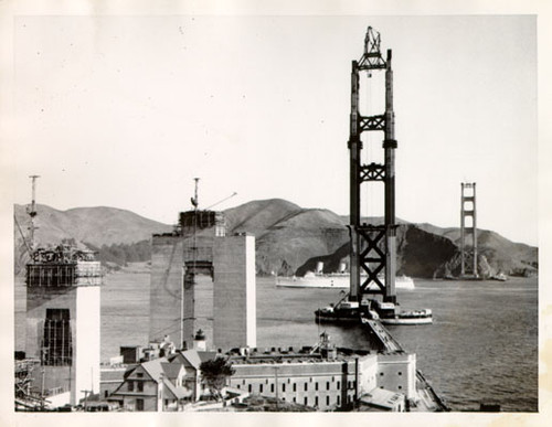 [View of the Golden Gate Bridge while under construction]