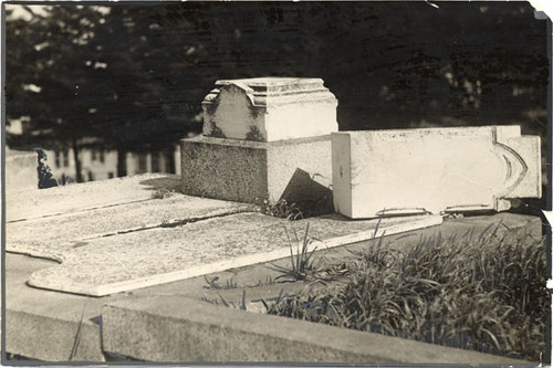 [Overturned gravestones at Laurel Hill Cemetery]