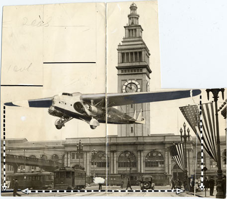 [View of Ferry Building with photo of airplane superimposed on it]