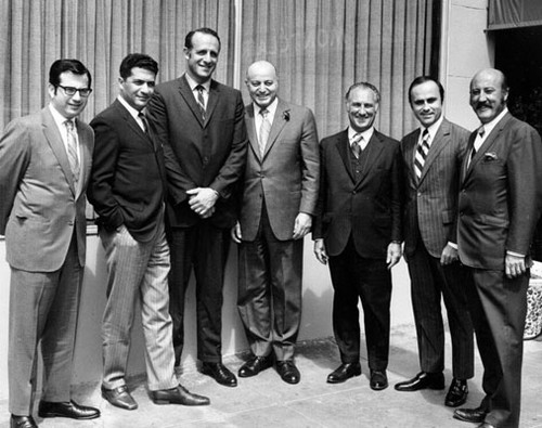 [Mayor Joe Alioto with Robert Borgoni, Judge John B. Molinari, Herman Papa, Rinaldo Carmazzi, and two unidentifed people]