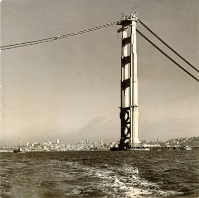 [View of the Golden Gate Bridge while under construction]