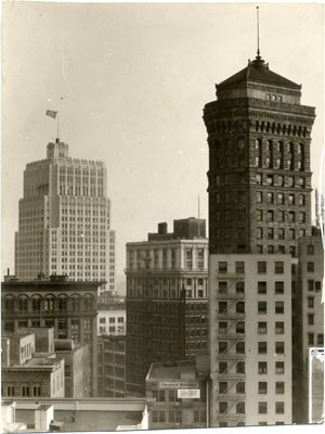 [View of buildings in downtown San Francisco with Pacific Telephone & Telegraph Company building in background]