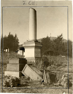 [Overturned gravestones at Laurel Hill Cemetery]