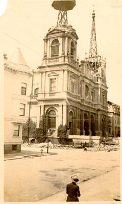 [St. Dominic's Church, at Bush and Steiner Streets, after the 1906 earthquake]