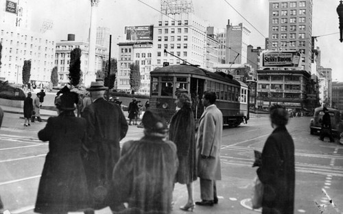 [Street car passing by Union Square Park]