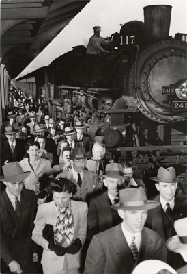 [Commuters exiting a train at Southern Pacific Depot]