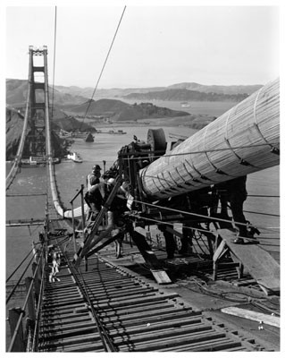 [Construction workers working on cable during construction of the Golden Gate Bridge]