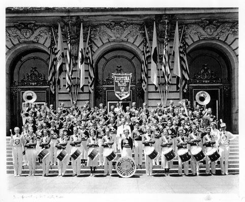 [Fortuna High School Band from Humboldt County posing in front of City Hall during the Golden Gate Bridge Fiesta]