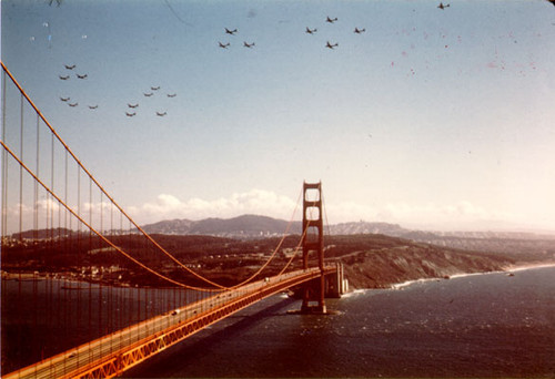 [View of 20 B-29s flying over the Golden Gate Bridge]