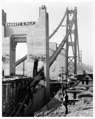 [View of the Golden Gate Bridge while under construction]