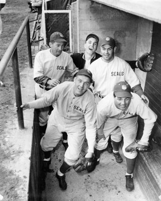 [Five San Francisco Seals players standing in the dugout]