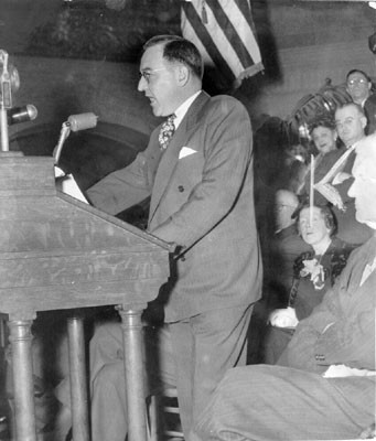 [District Attorney Edmund G. Brown, giving his inaugural address just after he took the oath of office]