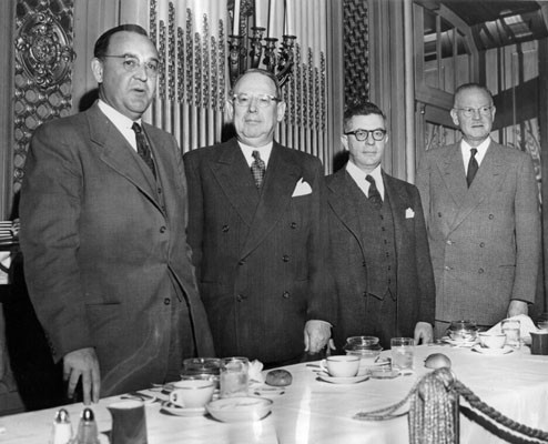 [Edmund G. "Pat" Brown (left) at the Fifth Annual Supreme Court Luncheon at the Palace Hotel]