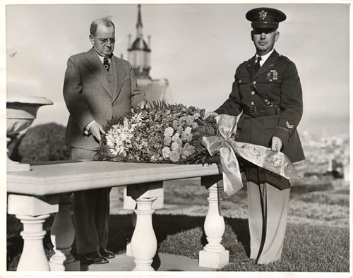 [State Senator Walter McGovern and Major Manley B. Gibson at Laurel Hill Cemetery during a ceremony commemorating the death of Colonel E. D. Baker]