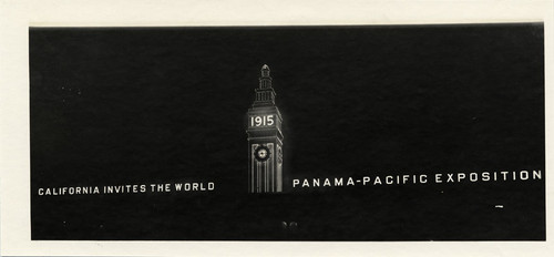 [Ferry Building at night, lit up for Panama-Pacific International Exposition]