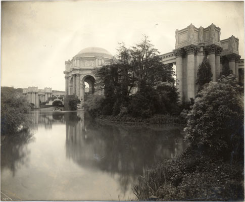 [Palace of Fine Arts showing Lagoon and Part of the Rotunda and the Colonnades]